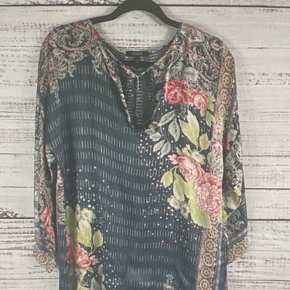 Lina Black Tunic with Pink & Green Floral and Paisley Accents